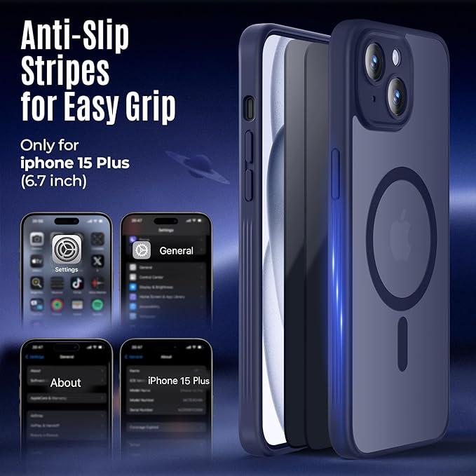 Symcele Designed for iPhone 15 Plus Case, Compatible with MagSafe, with Privacy Screen Protectors X2, [Camera Protection] [15FT Military Drop Protection] Shockproof Phone Case, 6.7", Deep Blue