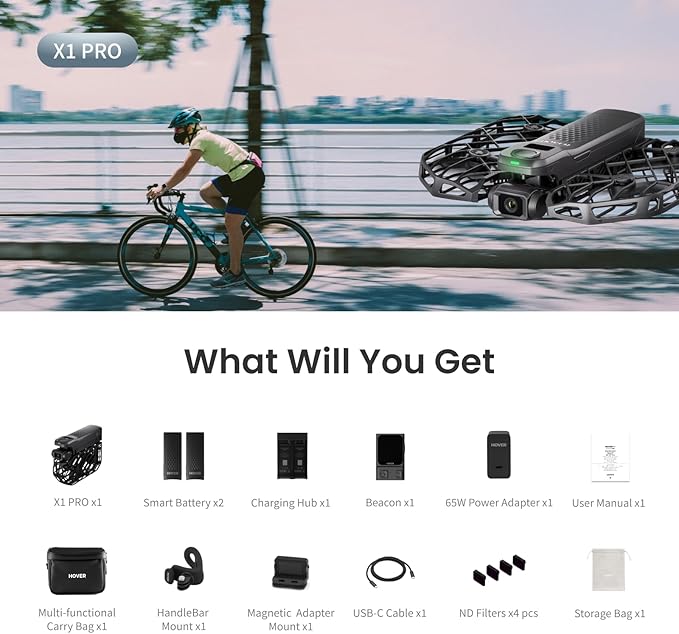 HOVERAir X1 PRO 4K Drone with Camera, Foldable Action Flying Camera with 42 KM/H Follow Speed, 15+ Fully Automatic Flight Modes, Fly Anywhere with OmniTerrain, SmoothCapture 2.0(Cycling Combo)