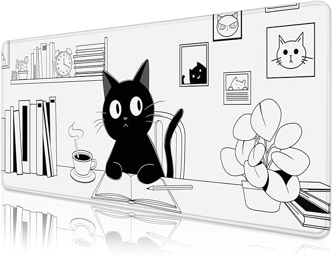 Gaming Mouse Pad for Computer,Large Mouse Pads for Desk Keyboard, Black Anime Cat Desk Mat Laptop,Cute XXL Waterproof Keyboard Pad,Extended Big Non-Slip Rubber Mousepad (Black Cat)