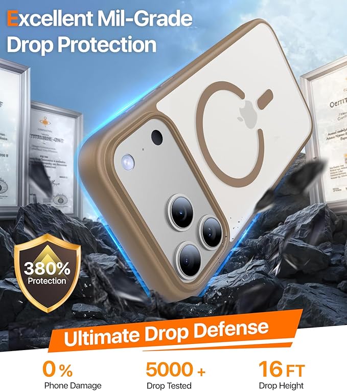 Magnetic for iPhone 17 Pro Case,[Anti-Slip][Compatible with MagSafe][Military Grade Drop Protection] Shockproof Protective Translucent Matte Phone Case for iPhone 17 Pro Case,Brown