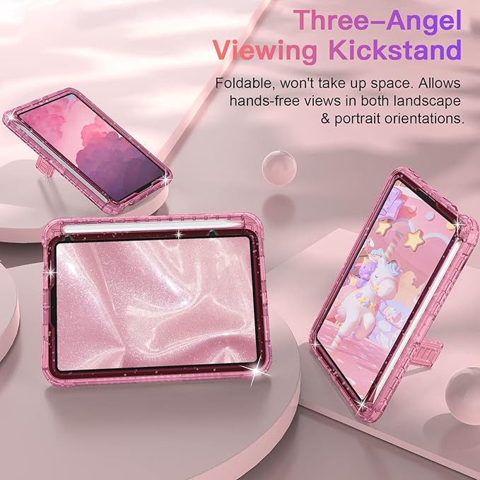 ZoneFoker Case for iPad mini A17 Pro, for iPad mini 7th/6th Generation Case 8.3 inch 2024/2021 with Pencil Holder/Stand, Slim Cover for i Pad Mini 7/6 (Clear Glitter Pink)