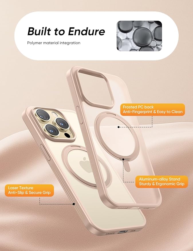 MAGIC JOHN 360° Rotatable Magnetic Invisible Stand for iPhone 14 Pro Case [Anti-Slip Grip] [Compatible with MagSafe] 16FT Shockproof for iPhone 14 Pro Case with Kickstand, Rose Gold
