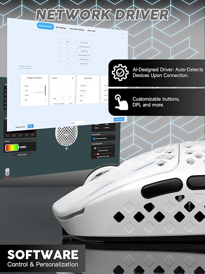 MAMBASNAKE M2 Carbon Fiber Wireless Gaming Mouse, PAW3395PRO 40K DPI, 1K Polling Rate 41g Ultralight Tri-Mode Ergonomic PC Mice, Cloud Driver AI Driver for PC/Mac/Win,White
