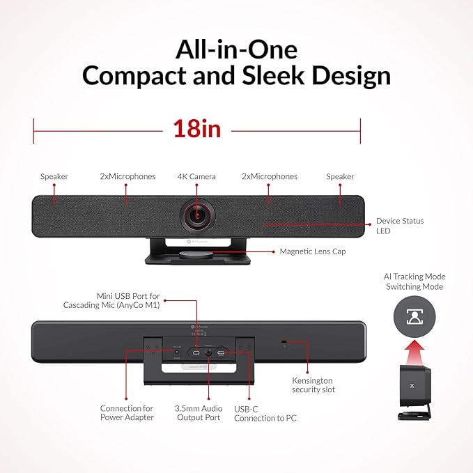 AV Access Conference Room Camera, Cascaded Up to 3 Mics for Large Room, 120° FOV 4K Webcam with 4 Microphones, Auto Framing, Speaker Tracking, Video Bar with 3.5mm Audio Out Dual Stereo Speakers