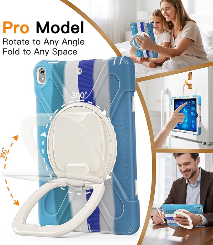 BATYUE 10.5 inch Case for ipad Air 3rd Generation 2019 / ipad pro 10.5 2017; Rugged Heavy Duty Protective Cover with Pencil Holder, 360° Swivel Stand, Shoulder Strap; for Kids (Colourful Blue)