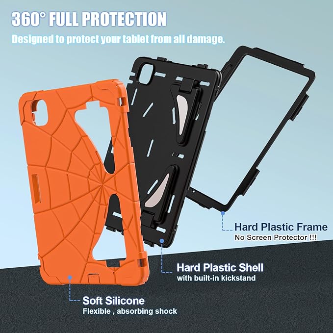AKABEILA Compatible with Apple iPad Pro 11(2024) 11 inch Tablet Case，Lightweight Shockproof Rugged Protective Cover with Kickstand for Kids Children Boys Babies Orange Black