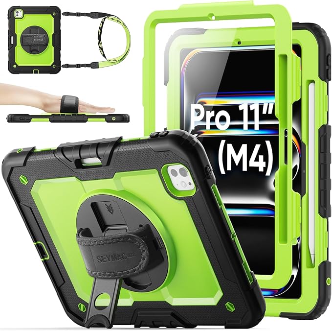 SEYMAC stock Case for iPad Pro 11-inch M5-M4 2025-2024, Shockproof Heavy Duty Case with Screen Protector, Pencil Holder, Rotating Stand, Hand Strap, Shoulder Strap, Green