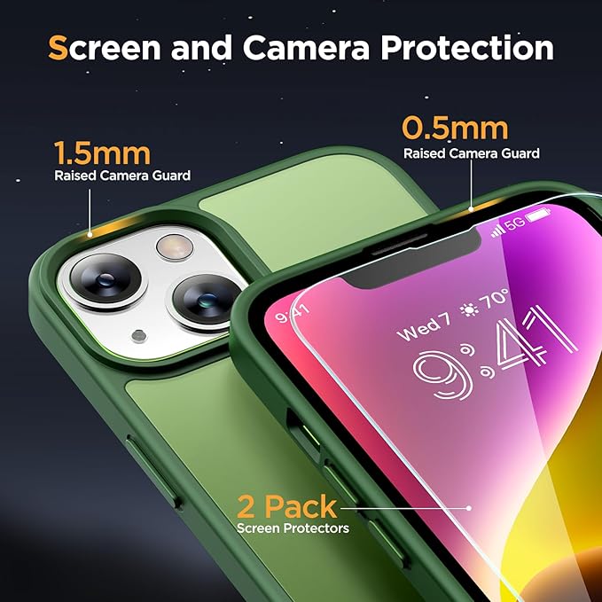 Miracase Magnetic for iPhone 14 Plus Case 6.7 inch (Compatible with MagSafe)（with 2X Screen Protectors） Military-Grade Protection, Anti-Fingerprint Translucent Matte Phone Case Cover, Dark Green