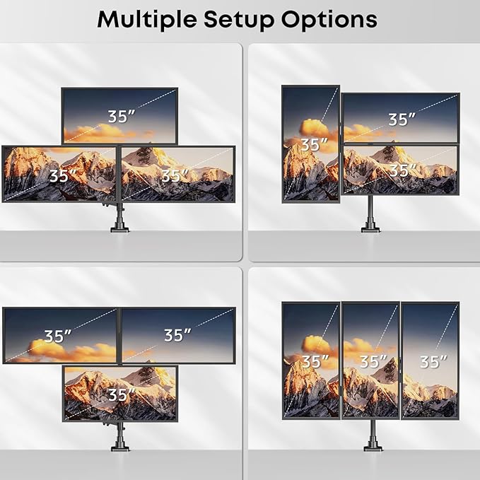 Triple Monitor Mount for up to 35-inch Screens – Heavy Duty Ultrawide Stand with Fully Adjustable, 12kg Gas Spring Arm (Each), VESA 75×75/100×100 mm, Black