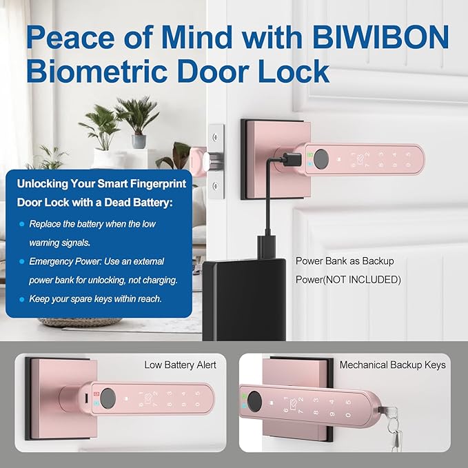 BIWIBON Fingerprint Door Lock, 5 in 1 Finger Print Door Knob with Smart APP/Fingerprint/IC Cards/Password/Backup Keys, Smart Door Knob with Keypad for Bedroom, Office, Apartment, Rose Gold