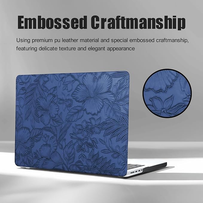 DTangLsm for MacBook Pro 13 inch Case 2026-2016 M2 M1 A2338 A2289 A2251 A2159 A1989 A1706 A1708 MacBook Pro Cover, Textured Leather Hard Cover for MacBook Pro M1Case+Keyboard Skin,Blue Embossed Floral