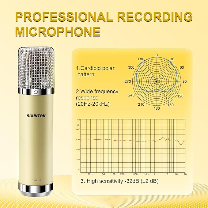 SUUNTOK FET Condenser Microphone Professional XLR Studio Microphone with 34mm Large Diaphragm, Cardioid Recording Mic Computer Gaming PC TM251S Mic Kit for Singing, Podcasting, YouTube (Yellow)