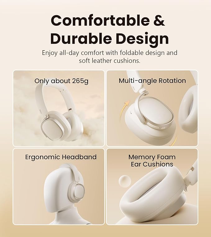 Edifier ES850NB Active Noise Cancelling Headphones, Over Ear Bluetooth Headset, 92H Playtime Wired & Wireless Hi-Res Audio Certified, Fast Charging Clear Calls for Home Office Travel - Ivory