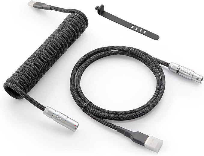 GUNMJO Pro Custom Coiled USB C Cable for Gaming Keyboard, Double-Sleeved Mechanical Keyboard Cable with Slim Type Detachable Metal Aviator, 1.5M USB-C to USB-A, Classic Black Color