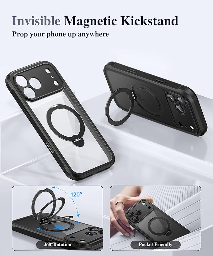 BERFY for iPhone 17 Pro Case, Compatible with MagSafe, Built in Privacy Screen Protector, Shockproof Full Body Phone Case for 17 Pro with Magnetic Stand, Clear Black