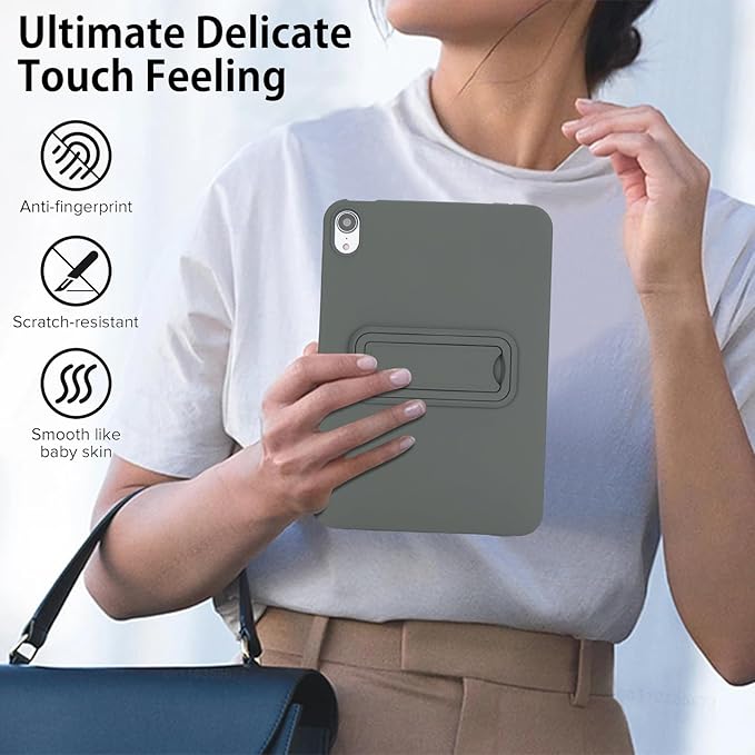 Case for iPad mini 7th & 6th Gen with Kickstand, Soft TPU + Hard PC Ultimate Delicate Touch Feeling Shockproof Protective Back Cover for iPad mini 7th 6th Women Men, Gray