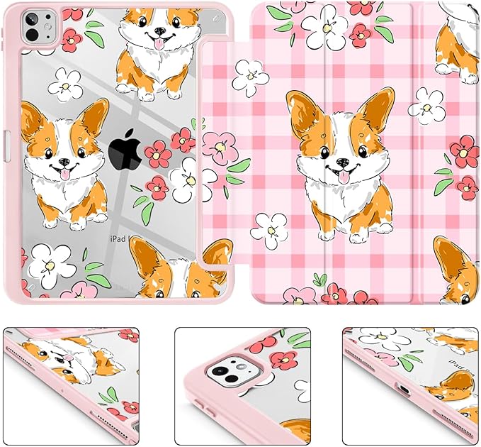 May Chen Case for iPad Pro 11-Inch M5/M4 2025/2024 (6th/5th Generation), [Penceil Holder] Trifold Stand Auto Wake/Sleep Clear TPU Protection Back Cover, Corgi Dog Stripes
