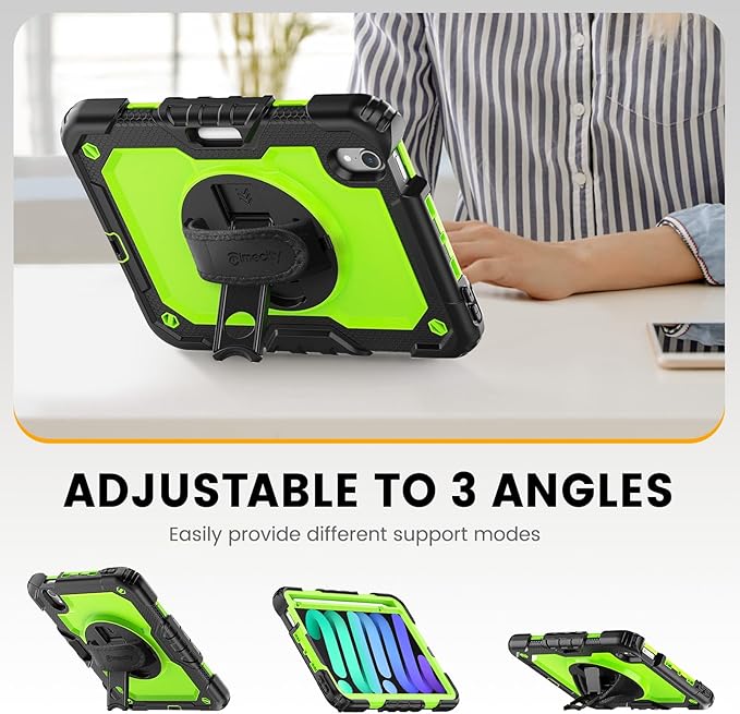 Timecity Case for iPad mini 7/6 with Screen Protector Pencil Holder [360 Rotating Stand ] & Handle/Shoulder Strap, Drop-Proof Case for iPad mini 7th/6th Generation 8.3'' Kids Students Friendly- Green