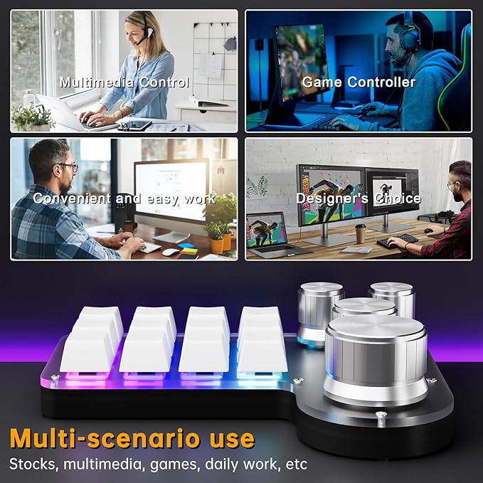 Programmable Macro Keyboard 12-Keys 4 Knob Gaming Keypad with USB Wired+BT Dual Mode Multi-Purpose Shortcut Custom Keypad for PC Desk