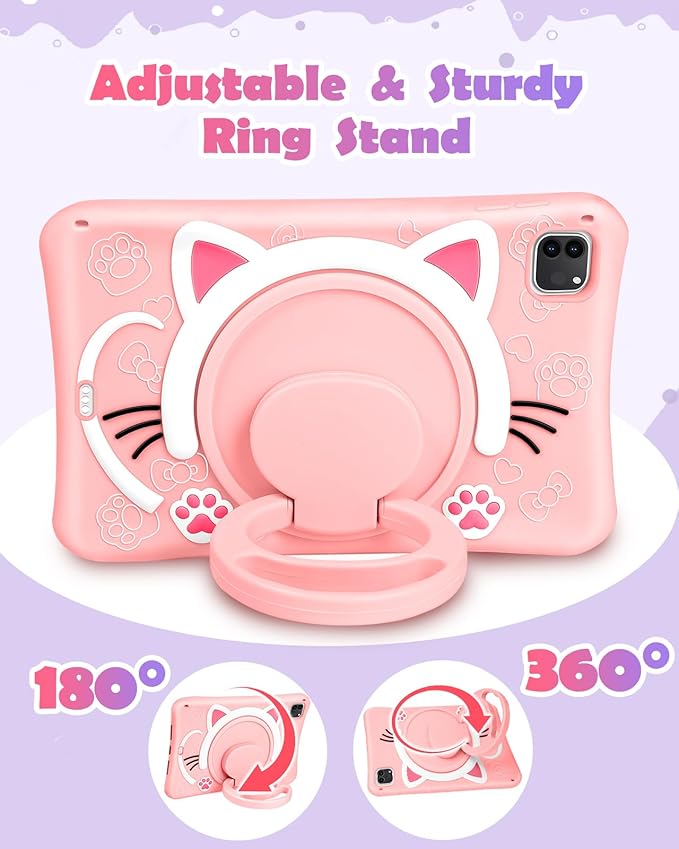 Wazzasoft for iPad Air 5th/4th Generation 10.9"/Pro 11 Inch Case - Cute Cat Soft Silicone Girls Teens Women Cartoon Kitten Tablet Cover with Rotating Handle Stand & Strap Funda para Air 5th/4th Gen