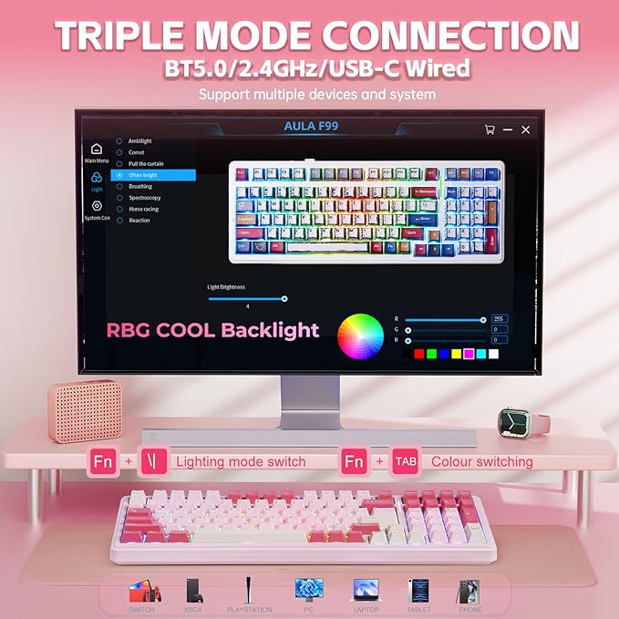 Aula F99 Mechanical Keyboard Pink, Wireless Gaming Keyboards Hot Swappable Custom Creamy Computer Keyboard, Full Size, Tri-Mode BT5.0/2.4GHz/USB-C,RGB Backlit,Gasket Structure,Strawberry Mint Switch
