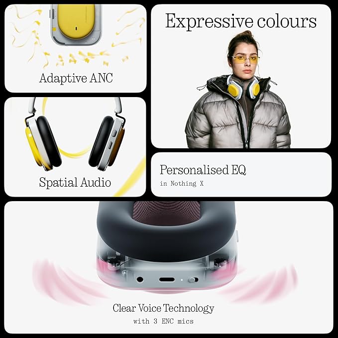 Nothing Headphone (a) 2026 New, Adaptive Active Noise Cancelling Headphones, Wireless Over Ear Bluetooth 5.4 ANC Headset with LDAC Hi-Res, 5 HD Mics Ultra Bass via APP, 135 Hours Playtime, Yellow
