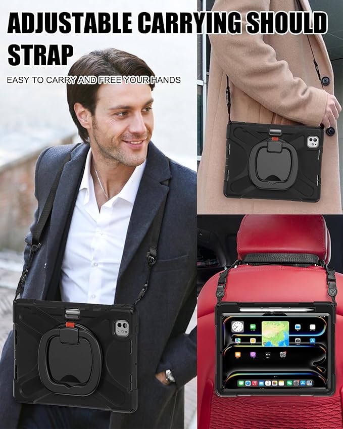 BRAECN Case for iPad Pro 11 (M4/M5) 2024/2025, Heavy Duty Silicone Cover with Screen Protector, Pencil Holder, Shoulder Strap, 360° Rotating Handle Grip, Stable Kickstand for iPad Pro 11 2024, Black