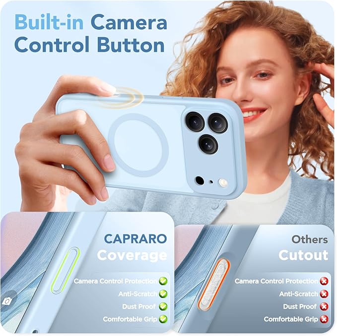 CAPRARO Magnetic for iPhone 17 Pro Max Case, Upgraded [Full Camera Protection] [Compatible with MagSafe] Protective Translucent Matte Women Girl Phone Case Cover, Light Blue