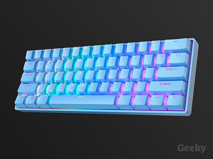 Geeky GK61 SE 60% | Mechanical Gaming Keyboard | 61 Keys Multi Color RGB LED Backlit for PC/Mac Gamer | ANSI US American Layout (Blue, Mechanical Speed Silver)