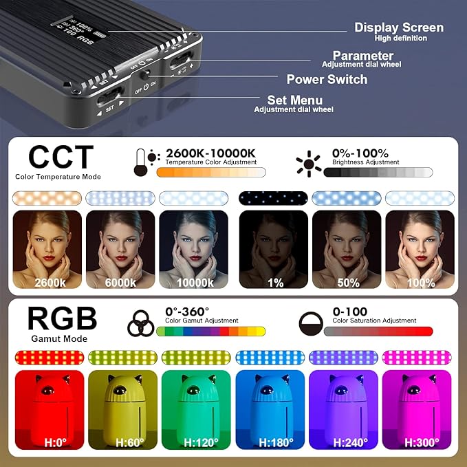 IVISII G2 Pocket RGB Camera Light,Built-in 7200mAh Rechargeable Battery 360°Full Color Gamut 9 Light Effects,2600-10000K LED Video Light Panel with Aluminum Alloy Body, Adjustable Tripod Stand