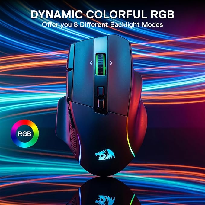Redragon M925 PRO Wireless Gaming Mouse, 26,000 Max DPI Optical RGB Mice with 10 Programmable Buttons, Hyper-Fast Scroll, Software Supports DIY Keybinds & DPI, Black