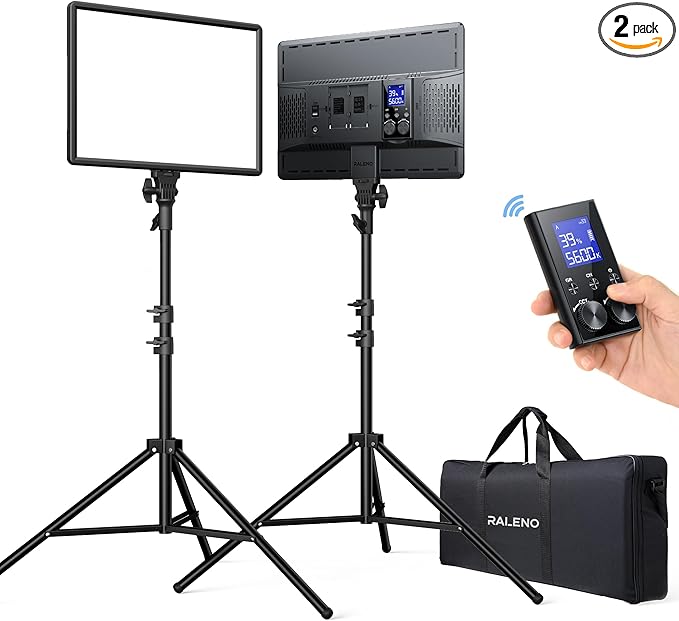 RALENO LED Video Panel Light, 2-Pack 18" 45W Photography Lights with 78'' Stand & Remote for Video Recording TikTok YouTube Streaming, CRI97+ Bi-Color 2500-6500K Studio Lighting