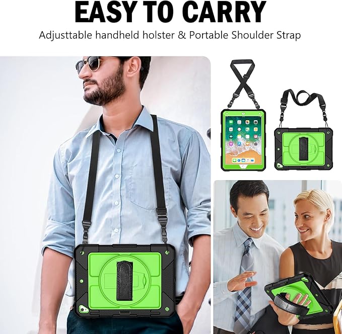 BMOUO Case for iPad 6th/5th Generation Case (9.7 inch, 2018/2017), 360°Rotating Stand, Hand/Shoulder Strap Shockproof iPad 9.7” Case for iPad Air 2, Black and Green