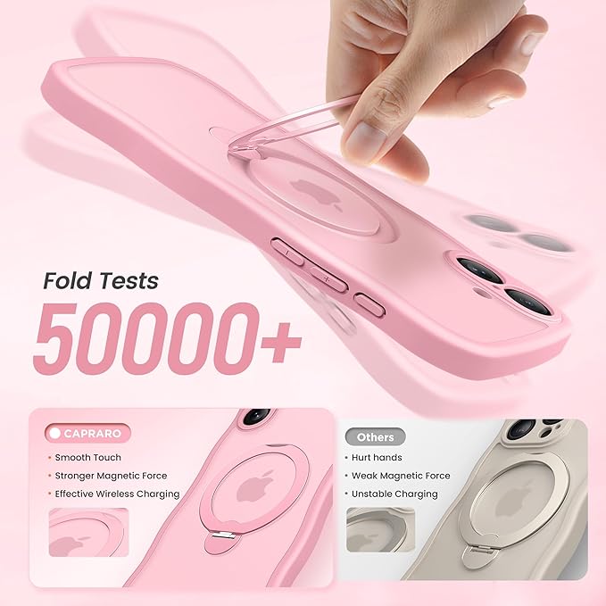 CAPRARO for iPhone 16 Plus Case with 360° Spin Magnetic Stand for Women, [Compatible with MagSafe] [Full Camera Protection] Cute Wave Translucent Matte Case for iPhone 16 Plus, Peach Pink