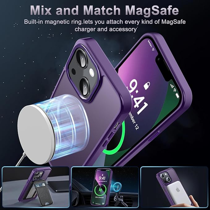 Newfuture Magnetic for iPhone 15 Case [Compatible with Magsafe] [Military Grade Drop Protection] Translucent Matte Anti-Fingerprint Shockproof Phone Case for iPhone 15 6.1 inch, Deep Purple