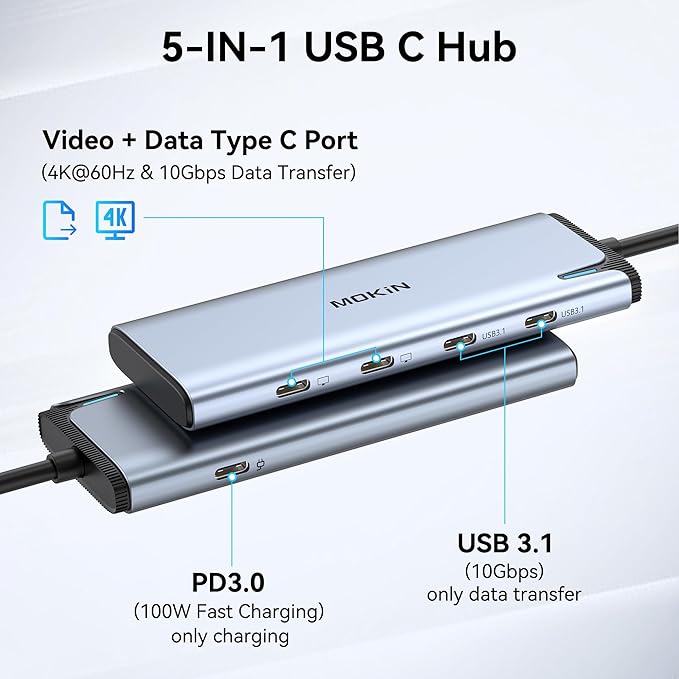 USB C to USB C Hub Dual Monitor, USBC Splitter with 4K@60Hz DP Alt Mode Video Output, 10Gbps Data Transfer, 100W PD Charging, Dual Monitors Adapter for Laptop, Portable Monitor and More Type C Devices