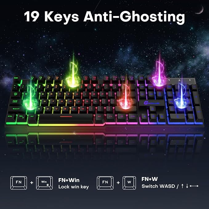 GEODMAER 104 Keys Gaming Keyboard, Full Size LED Backlit Wired Keyboard with Multimedia Keys, Anti-Ghosting, Spill-Resistant Membrane Gaming Keyboard for PC Laptop