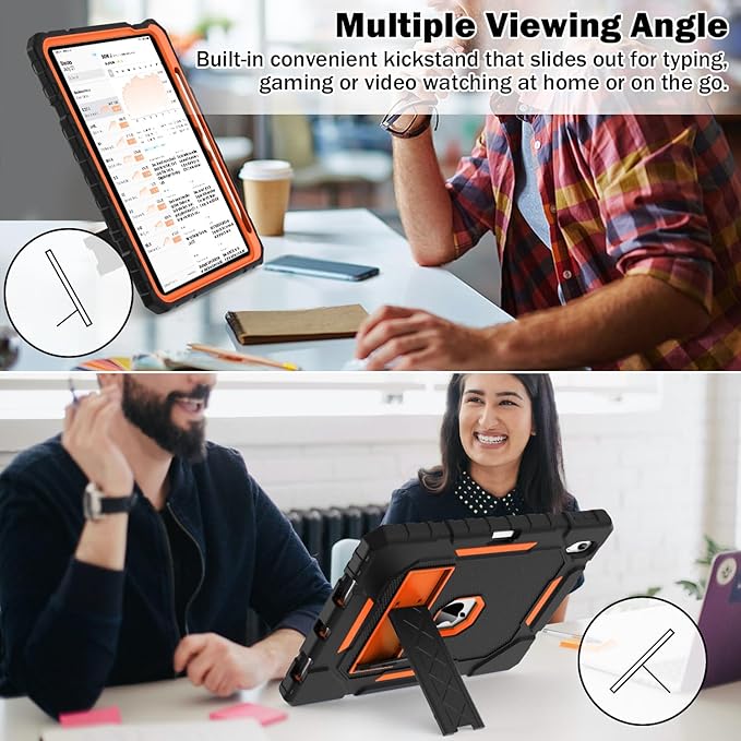 ZoneFoker Case for iPad (A16) 11th/10th Generation 11/10.9 inch 2025/2022, Heavy Duty Military Grade Shockproof Rugged Cover with Pencil Holder/Stand for i Pad 11th / 10 th Gen(Black+Orange)
