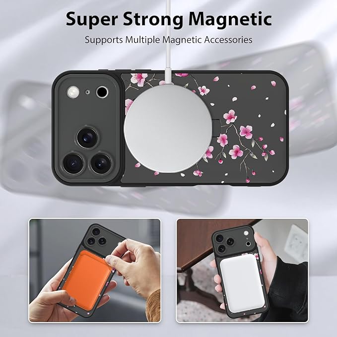 KANGHAR Compatible with iPhone 17 Pro Case, Magnetic Compatible with MagSafe, Cute Flower Floral Pattern Wristband Kickstand Full Camera Lens Shockproof Protective Case for Girls Women, Black