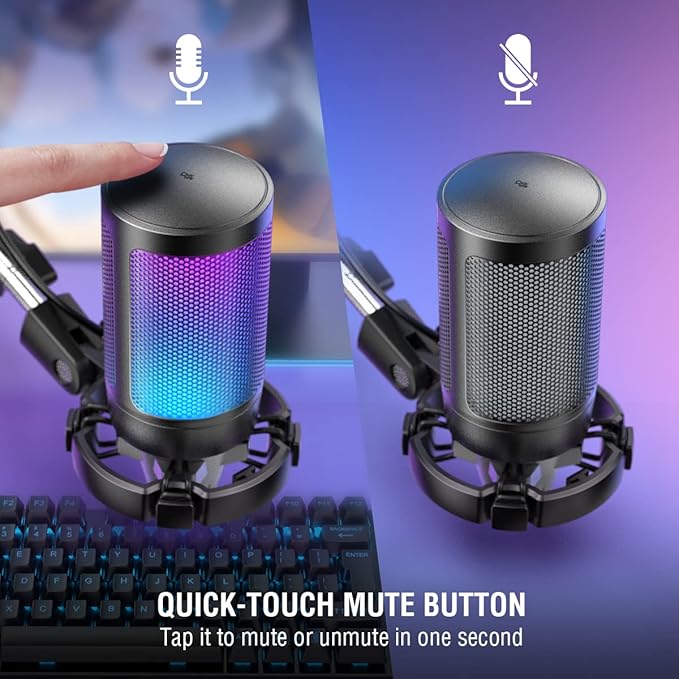 FIFINE Gaming USB Microphone Bundle with Mic Boom Arm, Condenser Mic with Quick Mute, RGB Light for Streaming, Suspension Scissor Arm Stand Kit for Recording Voice-Over Studio (A6V+CS1)