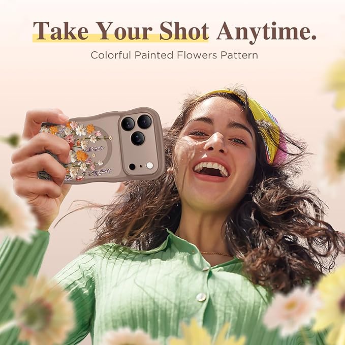 GVIEWIN for iPhone 17 Pro Case Compatible with MagSafe [Curly Wave Edge][Full Camera Protection] Floral Translucent Shockproof Magnetic Women Phone Case for iPhone 17 Pro 6.3'', Primrose/Brown