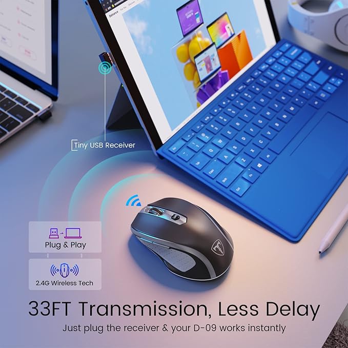 HOTWEEMS Wireless Mouse, D-09 Computer Mouse USB Cordless Mice for Laptop, Ergo Grips, Lightspeed 5-Level 2400 DPI, 16 Months Battery, Portable for PC Mac Chromebook (Graphite Grey, 1 Pack)