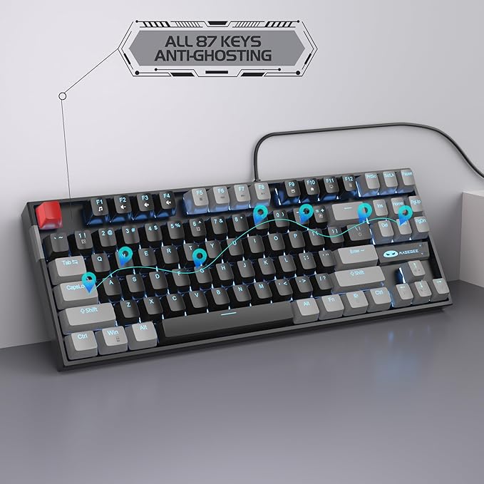 MageGee 75% Mechanical Gaming Keyboard, Red Switch, LED Blue Backlit, 87 Keys Compact TKL Wired Computer Keyboards for Windows Laptop PC Gamer - Black/Grey