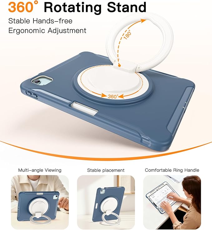BATYUE Shockproof Case for iPad Air 11" M2/M3/M4, Air 4/5 10.9", iPad Pro 11" 1st-4th Gen 2018-2022 | 360° Multi-Angle Stand (Portrait & Landscape) & Grip, Built-in Pencil Holder, Dusty Blue
