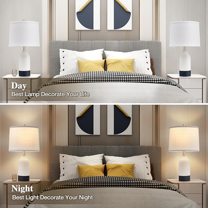 Modern Ceramic Table Lamp Set of 2, Adjustable Color Temperature Bedside Lamps for Night Stands with Fabric Drum Shade, Nightstand Lamps for Bedroom, Living Room, Desk, Includes 2 Bulbs (21.4")