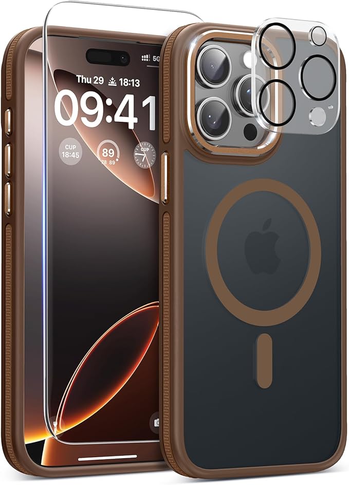 DOMAVER Magnetic 3 in 1 for iPhone 15 Pro Case, [Omni-Directional Protection] with 1x Screen Protector + 1x Camera Cover, [Seamless Work with Magsafe] Protective Silm Case for iPhone 15 Pro Brown