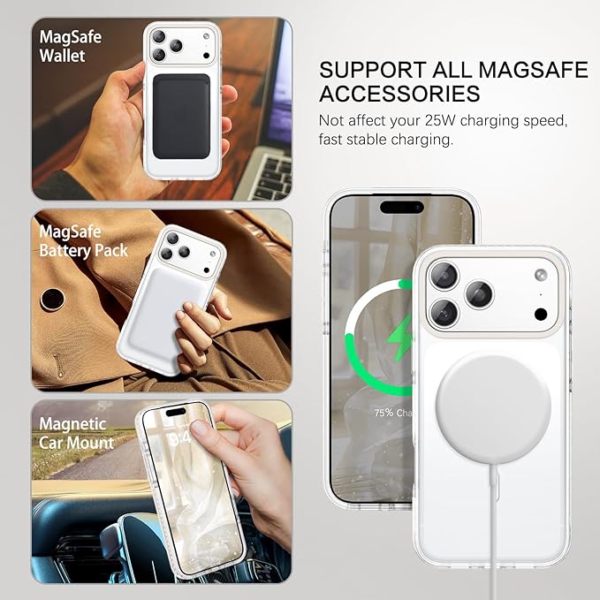 BENTOBEN Magnetic for iPhone 17 Pro 6.3" Case, Compatible with Magsafe Military Shockproof Protective Cute Transparent Slim Anti-Yellowing Phone Case for iPhone 17 Pro Cover, Clear White