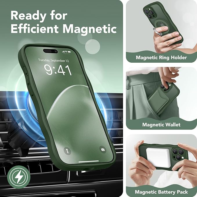 CAPRARO for iPhone 16 Pro Case for Women Girls, Upgraded [Full Camera Protection] [Compatible with MagSafe] Cute Wave Translucent Matte Phone Case for iPhone 16 Pro, Deep Green