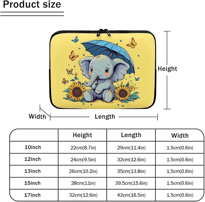Sunflower Elephant Computer Sleeve for Women Laptop Sleeve 17inch Neoprene Laptop Covers with Padded Compartment Lap Top Case Teen Girls Cute Computer Carrying Bag