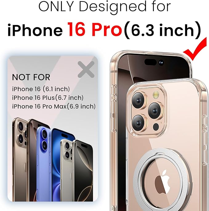 toushion 3 in 1 for iPhone 16 Pro Case Clear with Stand,Not Yellowing,Flexible Stable Stand,Kickstand,fits MagSafe,Military-Grade Protection Phone case for iPhone 16 pro Clear - Ring Holder